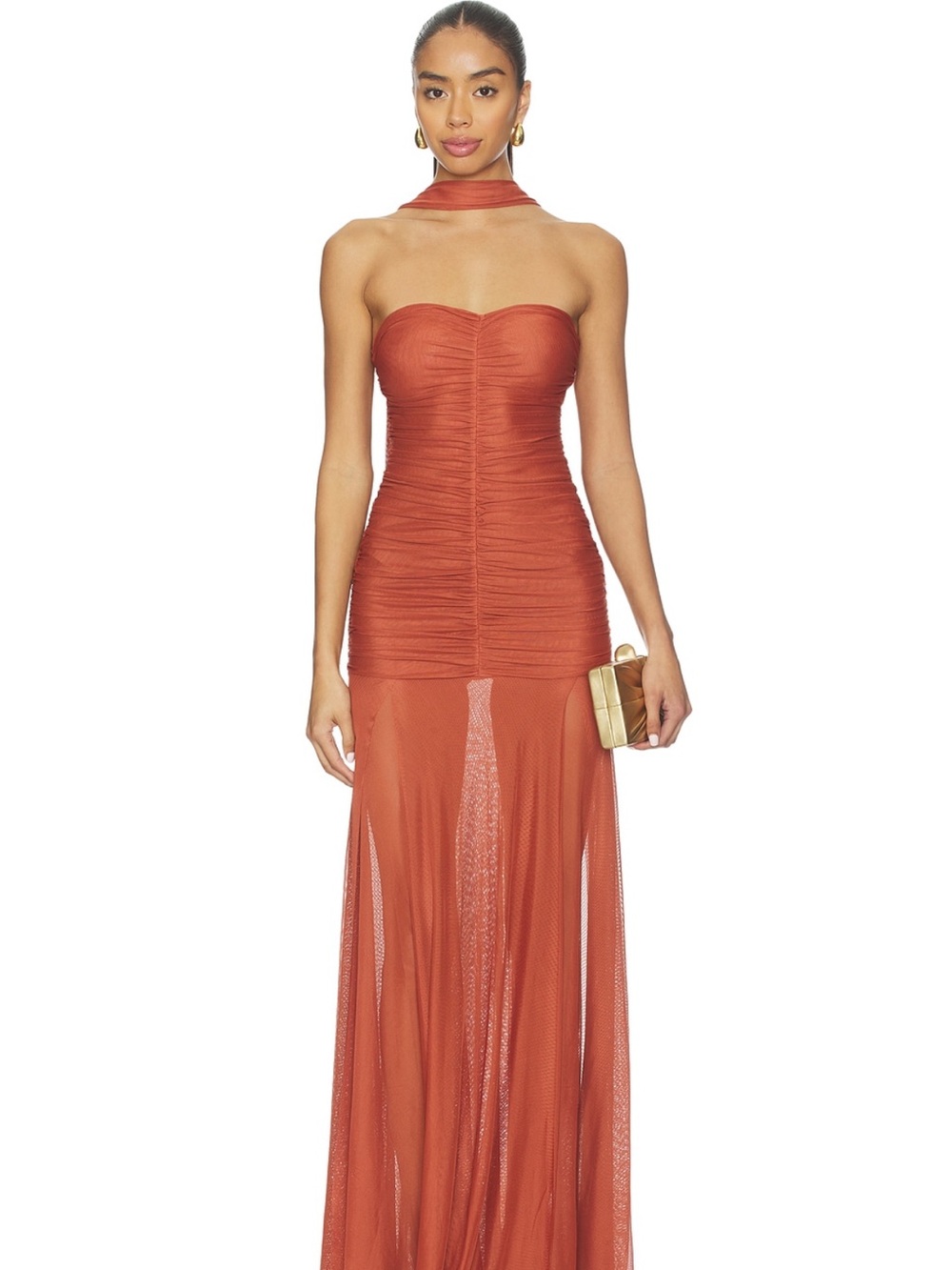 Bananhot Terracotta Rust Orange dress with Neck sash and drop waist